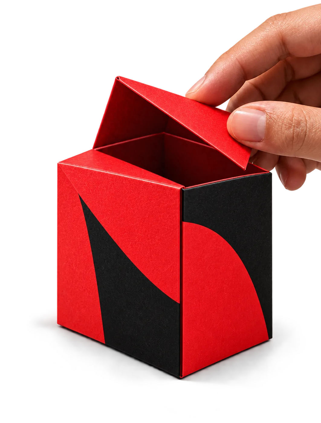 A hand lifting the lid of a red and black printed carton